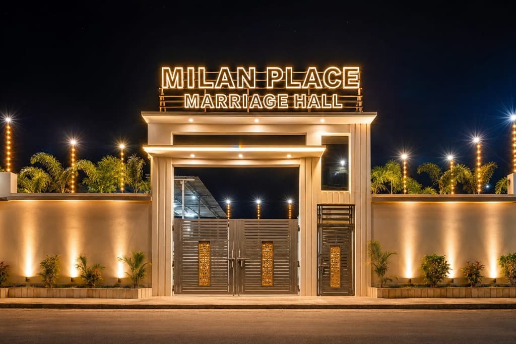 Milan Palace grand gate exterior illuminated at night